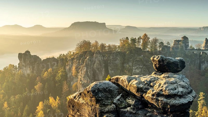 Wehlnadel view with Bastei Bridge and Lilienstein, Elbe Sandstone Mountains