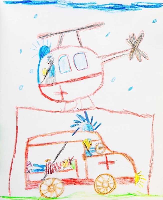 Rescue helicopter and ambulance in action, illustration