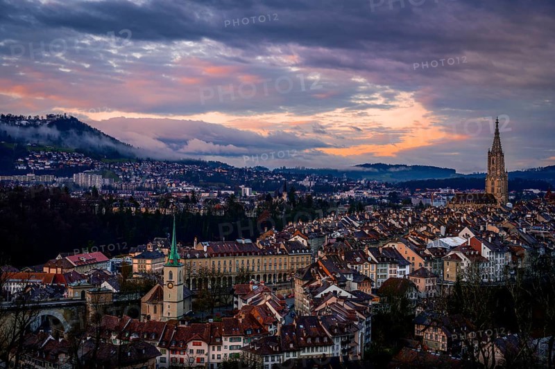 City view at sunrise, view from the rose garden to the old town