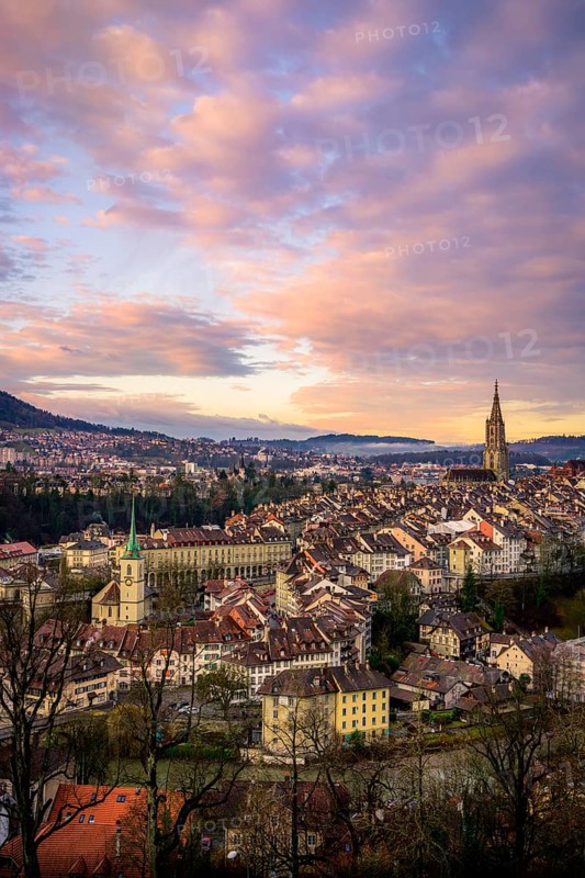 City view at sunrise, view from the rose garden to the old town