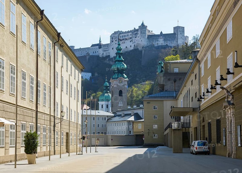Vacant lots due to the coronavirus pandemic, Hofstallgasse with the Great Festival Theatre and Hohensalzburg Fortress