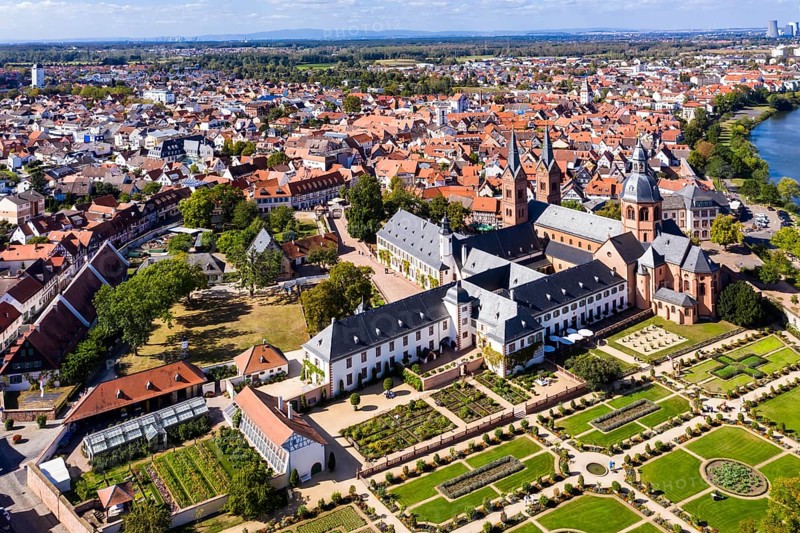 Aerial view, Convent garden with Basilica of St. Marcellinus and St. Peter