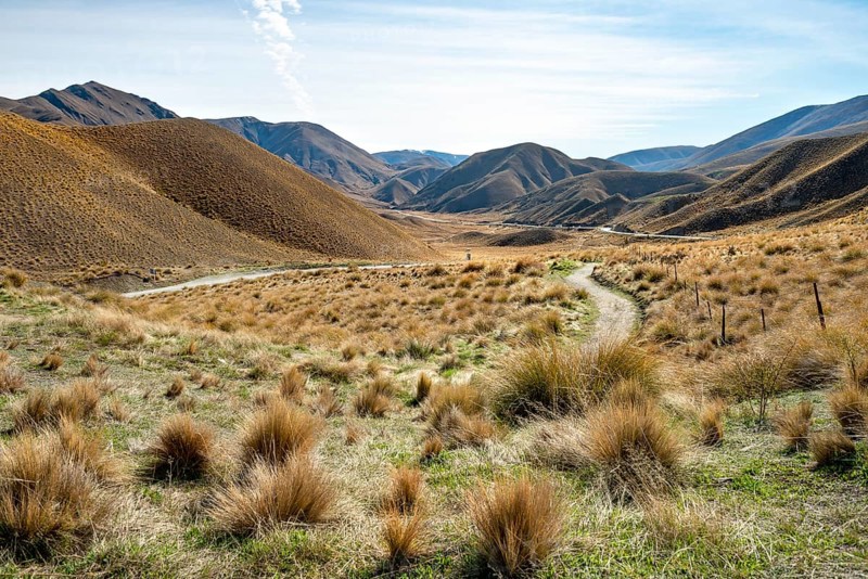 Barren mountain landscape with tufts of grass, Lindis Pass