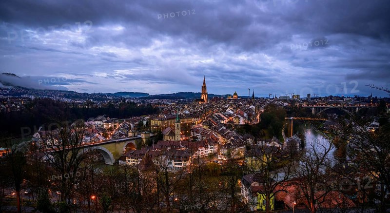 City view at dawn, view from the rose garden to the old town