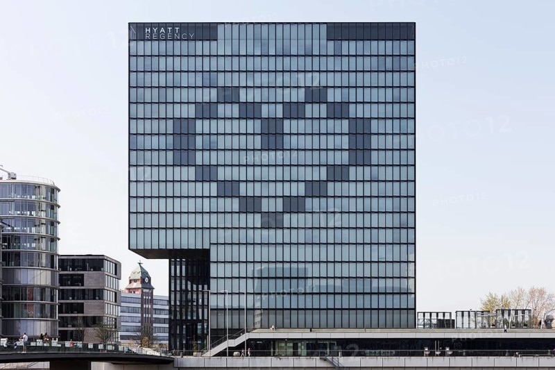 Windows form a heart on the facade of the closed Hyatt Regency Hotel, sign of solidarity during the Corona pandemic