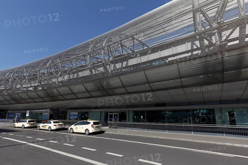 Few taxis at the taxi stand in front of the deserted Duesseldorf airport during the Corona Pandemic, North Rhine-Westphalia
