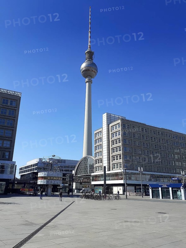 The World Clock with Alexanderplatz Bahnhof and the Fernsehturm, during the lock-down due to the Coronavirus pandemic