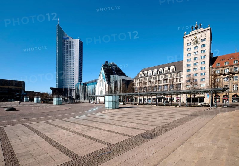 Empty Augustusplatz with City skyscraper, university and Kroch skyscraper