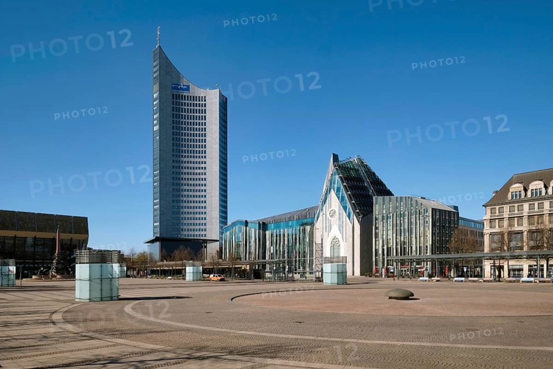 Empty Augustusplatz with City skyscraper and university, curfew due to coronavirus