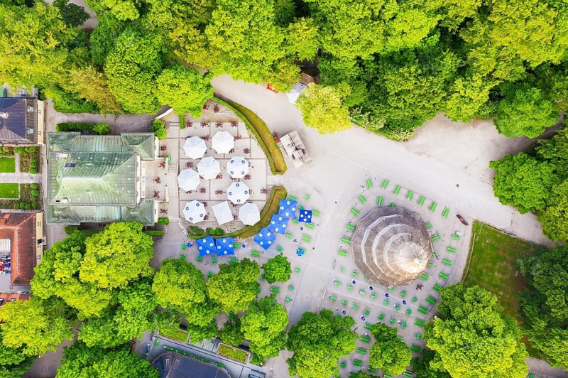 Chinese tower with beer garden from above