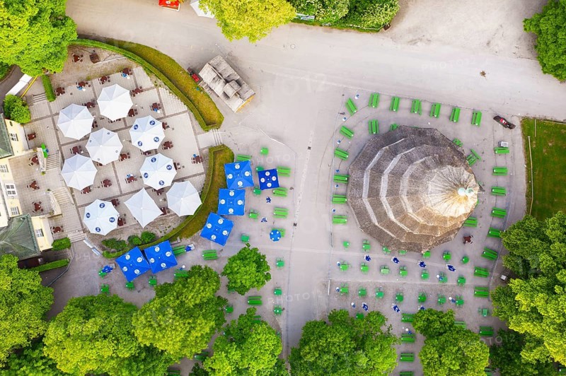 Chinese tower with beer garden from above