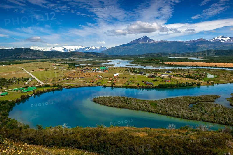 View of the Torres del Paine National Park and the Rio Serrano River to the settlement of Villa Rio Serrano