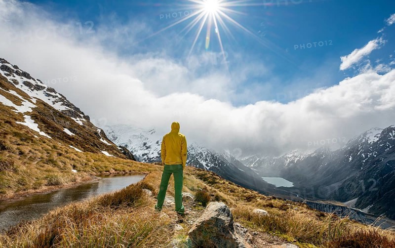 Hiker looks into the Hooker Valley
