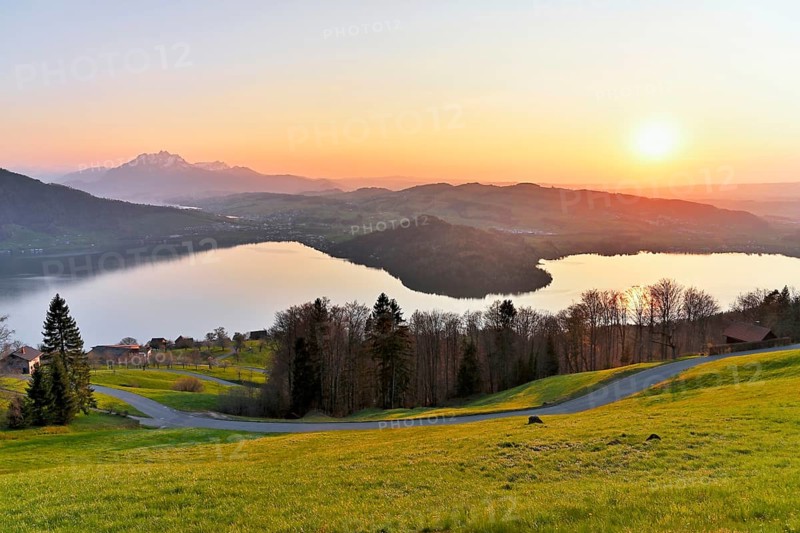 Evening mood at Lake Zug with gills of the narrowest part of the lake