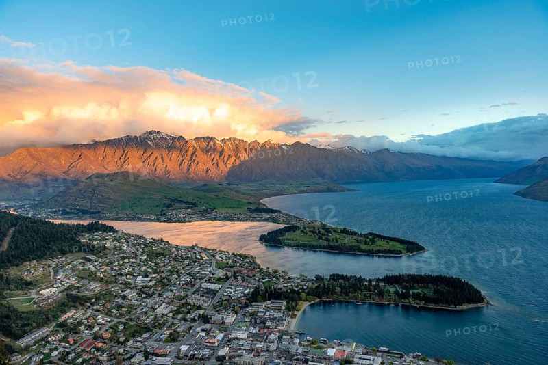 View of Lake Wakatipu and Queenstown at sunset