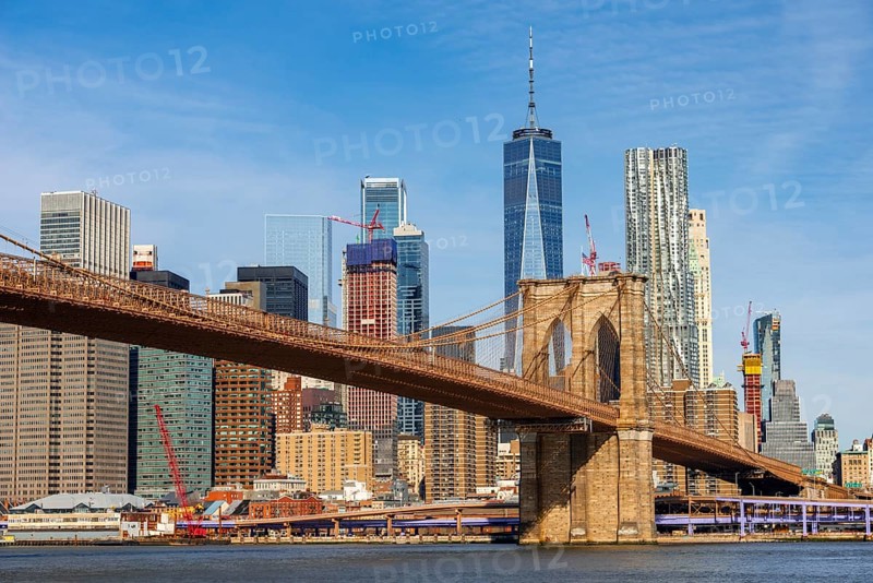 View from Main Street Park over the East River to the skyline of Lower Manhattan with Brooklyn Bridge
