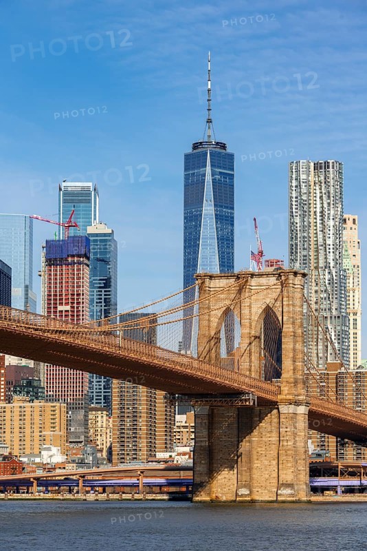 View from Main Street Park over the East River to the skyline of Lower Manhattan with Brooklyn Bridge