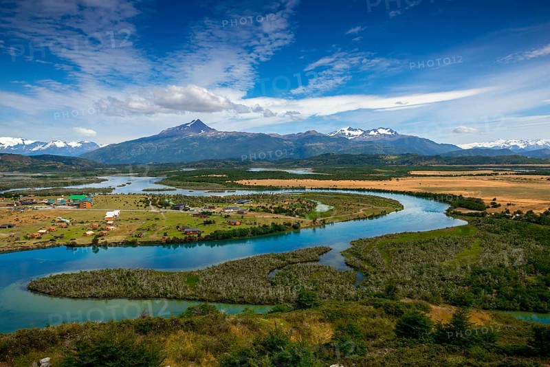 View of the Torres del Paine National Park and the Rio Serrano River to the settlement of Villa Rio Serrano
