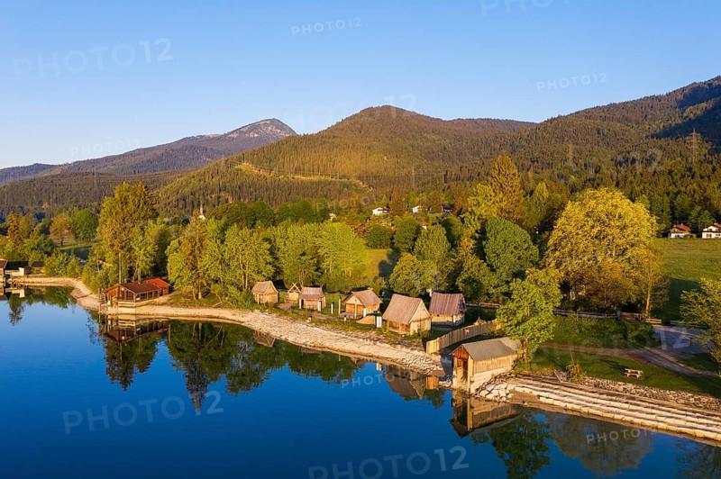Viking village Flake at Lake Walchensee in the morning light
