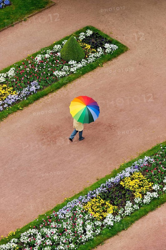 Person with an umbrella in rainbow colours on a red dirt road between flowerbeds in the Palace Gardens