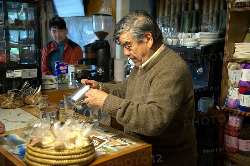 Shopkeeper brewing and serving cappuccino