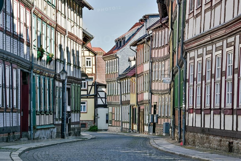 Alley with half-timbered houses and cobblestones