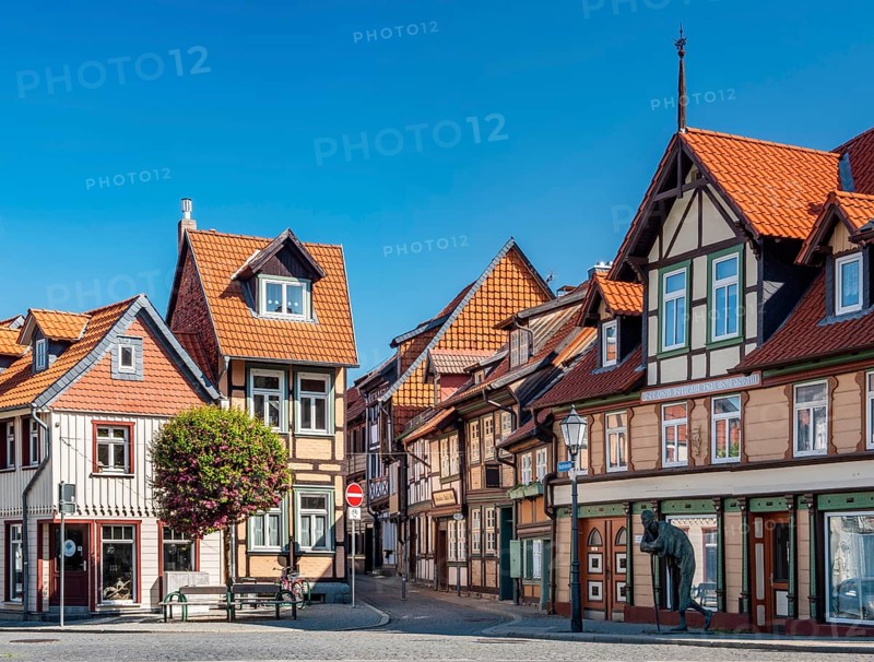 Alley with small half-timbered houses and cobblestones