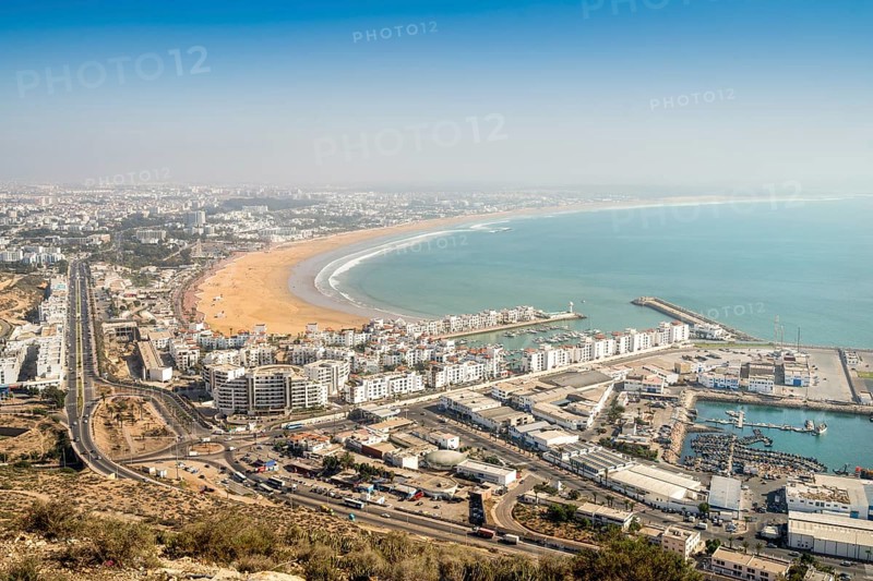 Modern architecture and sandy beach in Agadir