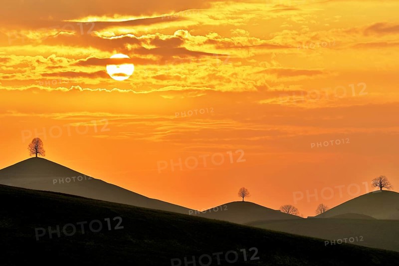 Cloud atmosphere at sunset with trees on moraine hills