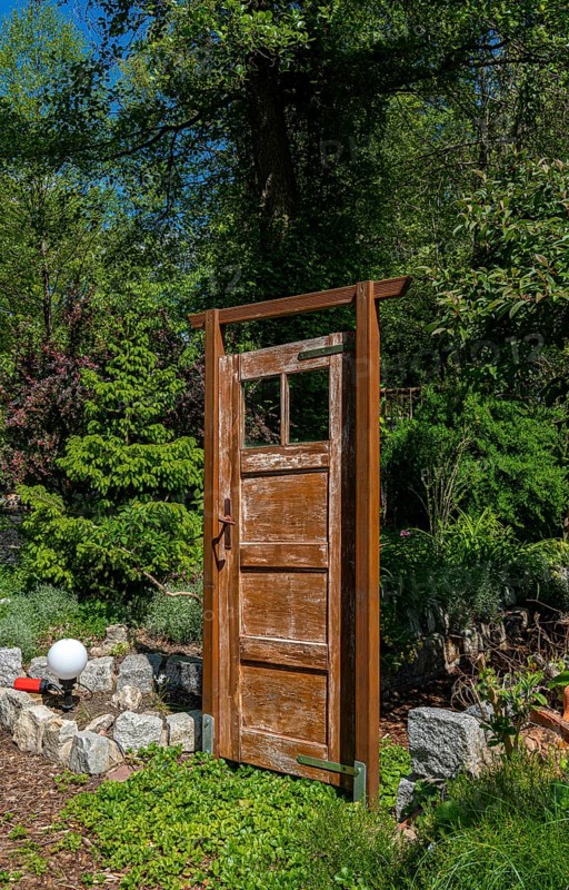 Old brown wooden door as garden decoration