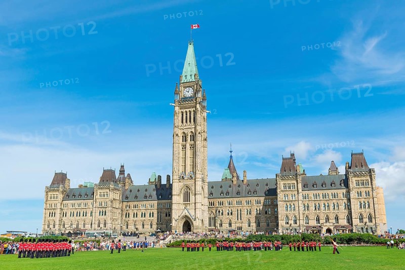 Changing of the guard in front of the Canadian Parliament Building Centre Block