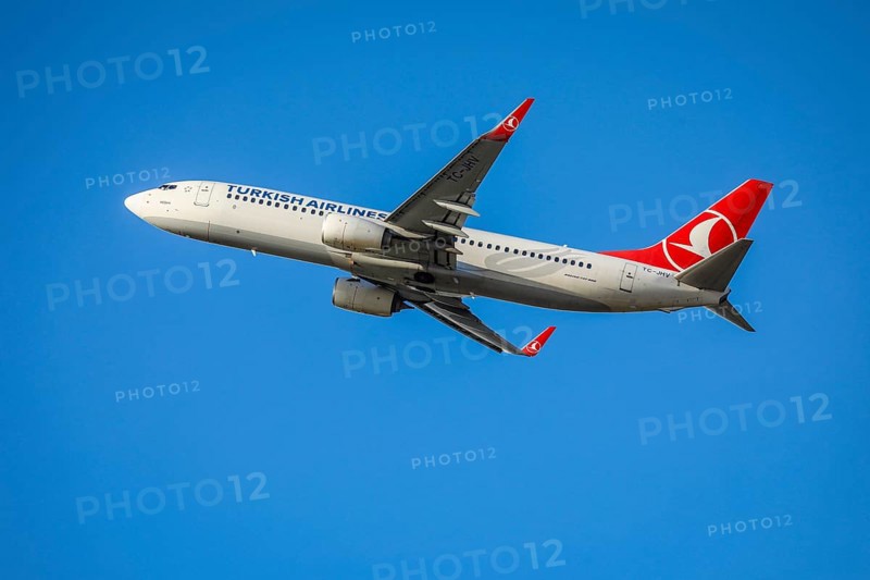 Turkish Airlines Boing 737-8F2 aircraft takes off from Duesseldorf International Airport