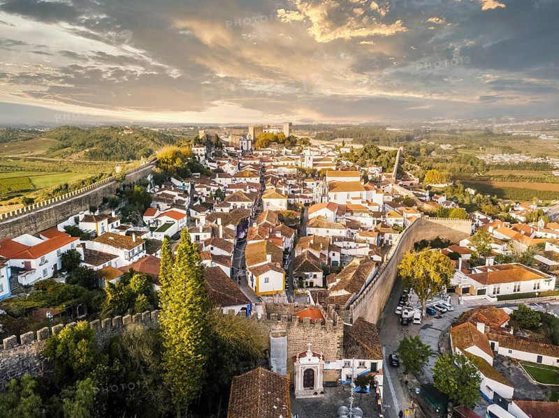 Aerial view of Obidos with historic city wall