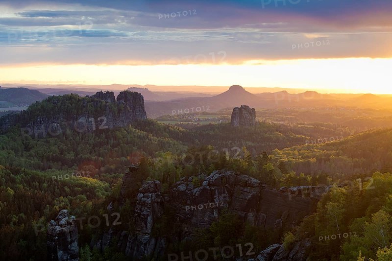 View from Carola Rock over Elbe Sandstone Mountains with Schrammsteine