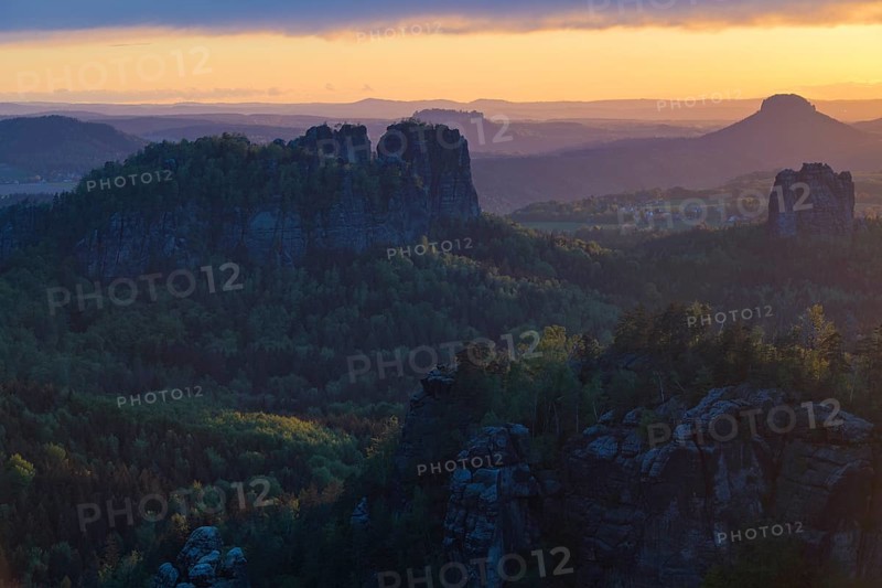 View from Carola Rock over Elbe Sandstone Mountains with Schrammsteine