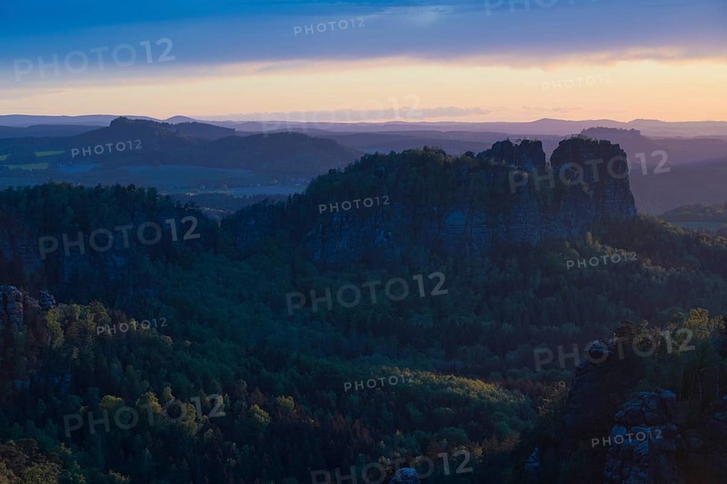 View from Carola Rock over Elbe Sandstone Mountains with Schrammsteine and Koenigstein