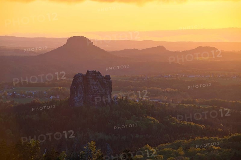 View from Carola Rock over Elbe Sandstone Mountains with Schrammsteine