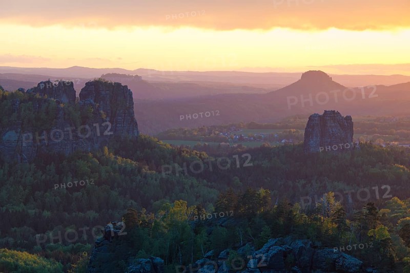 View from Carola Rock over Elbe Sandstone Mountains with Schrammsteine