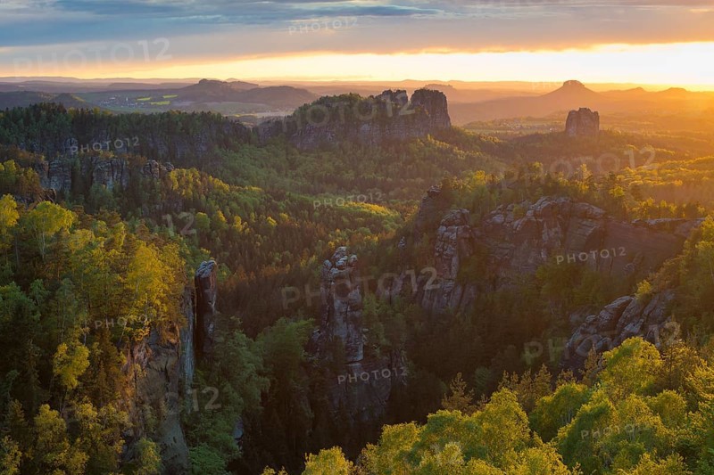 View from Carola Rock over Elbe Sandstone Mountains with Schrammsteine