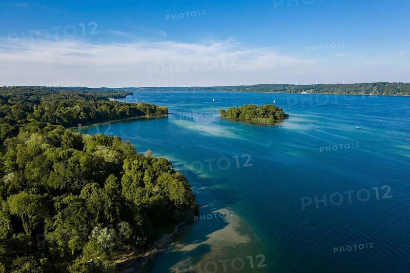 Aerial view of the Rose Island in Lake Starnberg