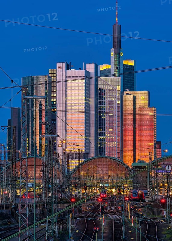 Sunlight is reflected in skyscrapers on the skyline of Frankfurt