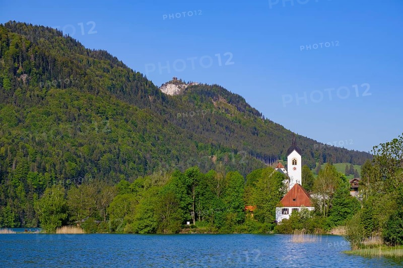Weissensee with church St. Walburga in the village Weissensee