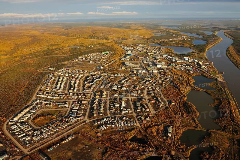 Aerial view of Inuvik on the banks of the Mackenzie River Delta