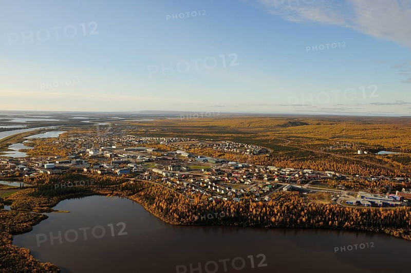 Aerial view of Inuvik on the banks of the Mackenzie River Delta