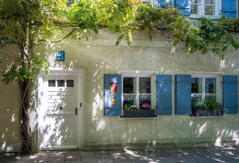 Historical hostel with blue shutters
