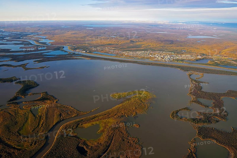 Aerial view of Inuvik on the banks of the Mackenzie River Delta