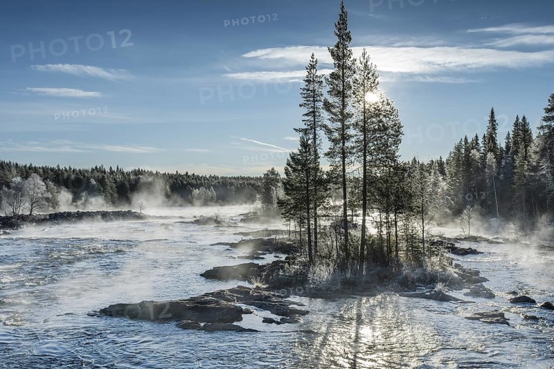 Autumn atmosphere with fog on the river in the evening light