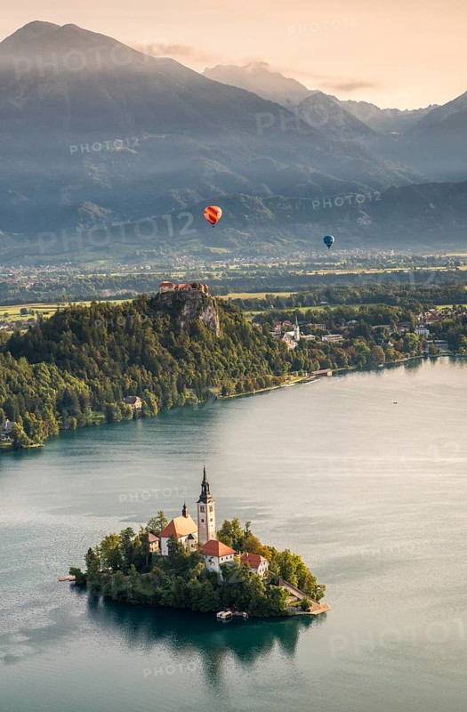 Lake Bled with Bled Castle and Blejski Otok Island with St. Mary's Church