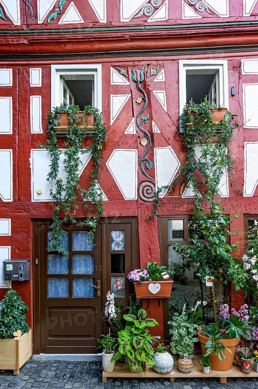 Small historic half-timbered house with painted carvings and flower decorations
