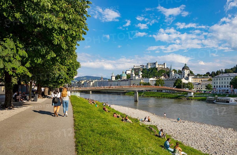 View over the Salzach river from Elisabethkai to the old town and the fortress Hohensalzburg